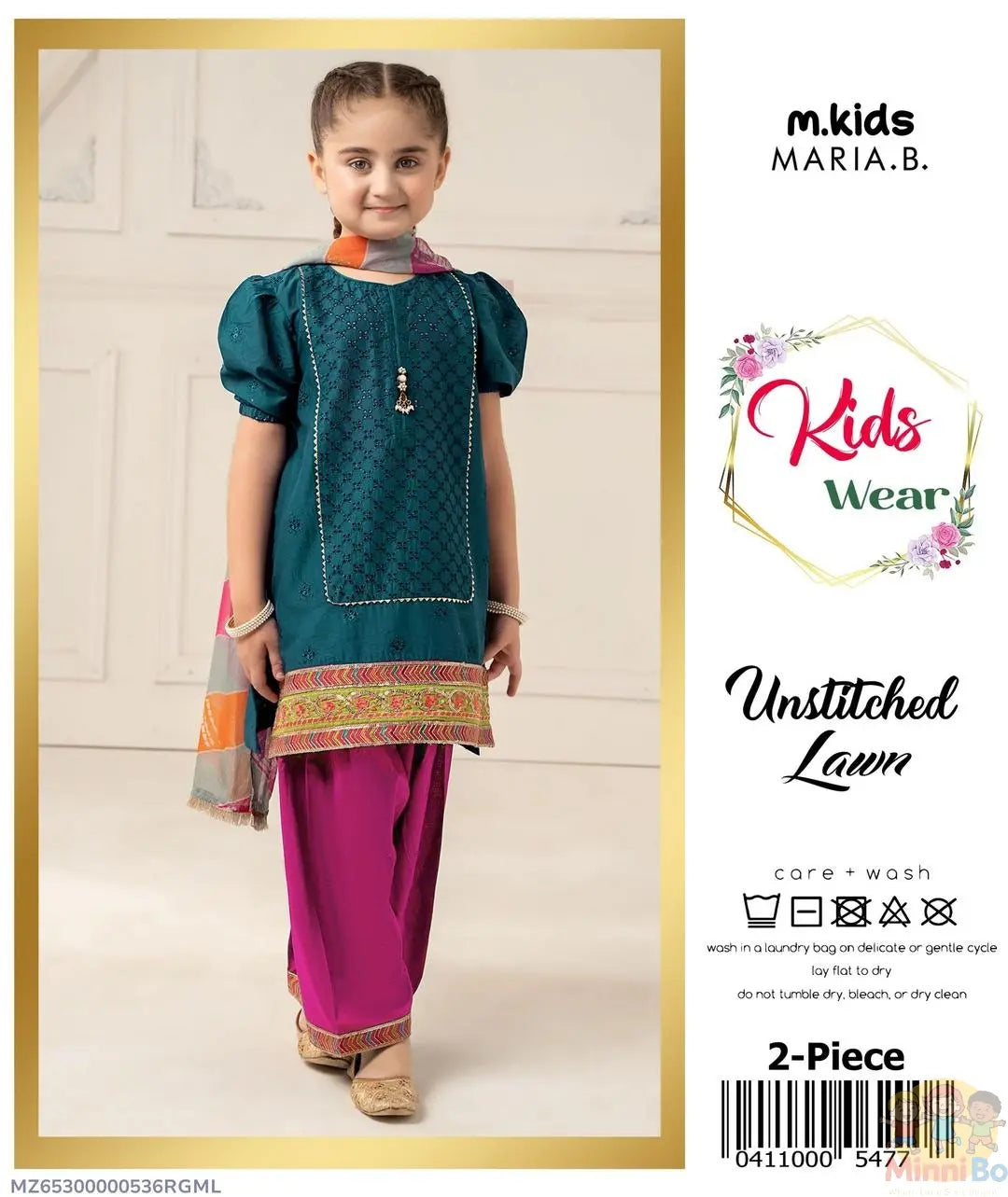2 Pcs Girl's Lawn Embroidered Unstitched Suit Minni Bo