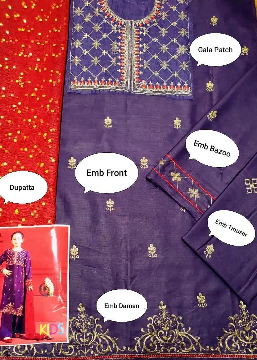 3 Pcs Girl's Lawn Embroidered Unstitched Suit Minni Bo
