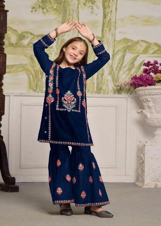 2 Pcs Girl's Cotton Embroidered Shirt And Trouser Suit Minni Bo