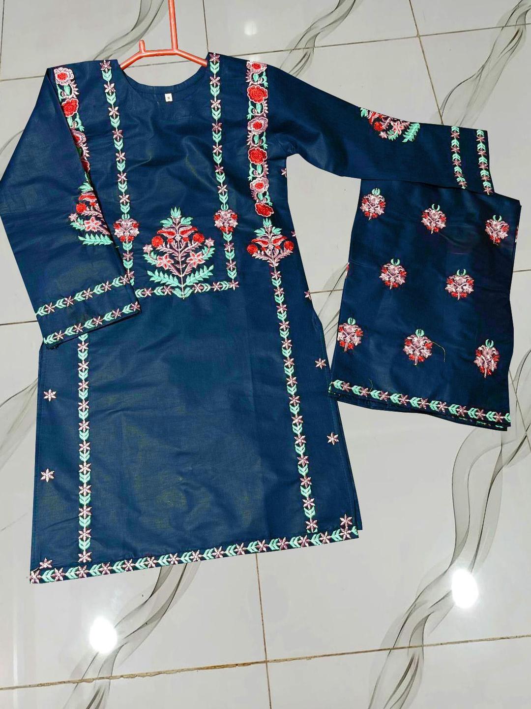 2 Pcs Girl's Cotton Embroidered Shirt And Trouser Suit Minni Bo
