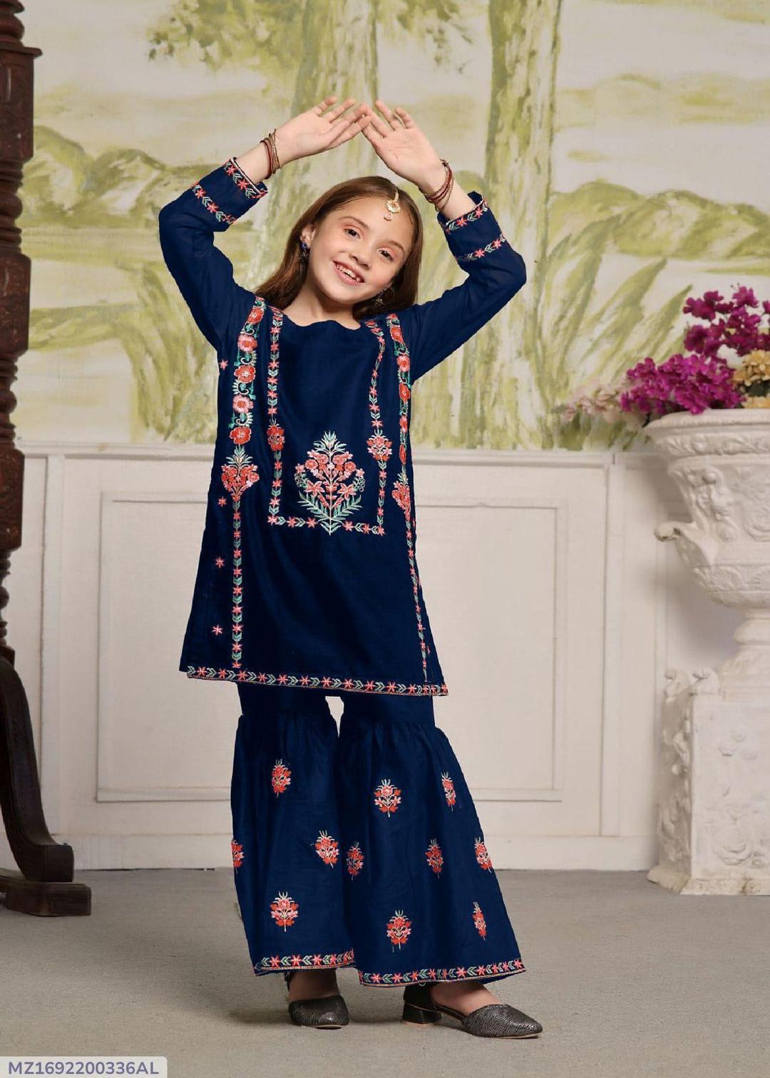 2 Pcs Girl's Cotton Embroidered Shirt And Trouser Suit Minni Bo