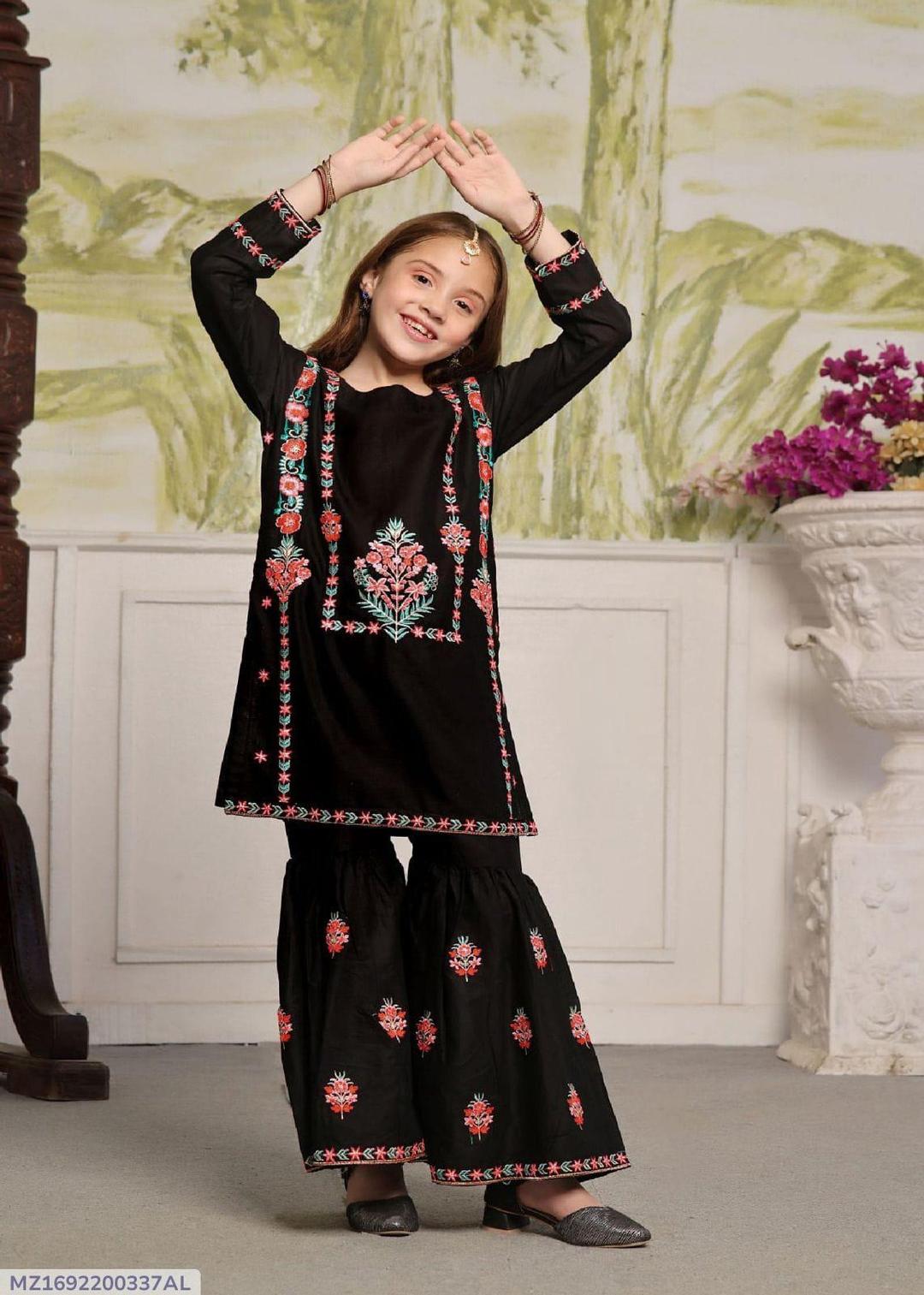 2 Pcs Girl's Cotton Embroidered Shirt And Trouser Suit Minni Bo