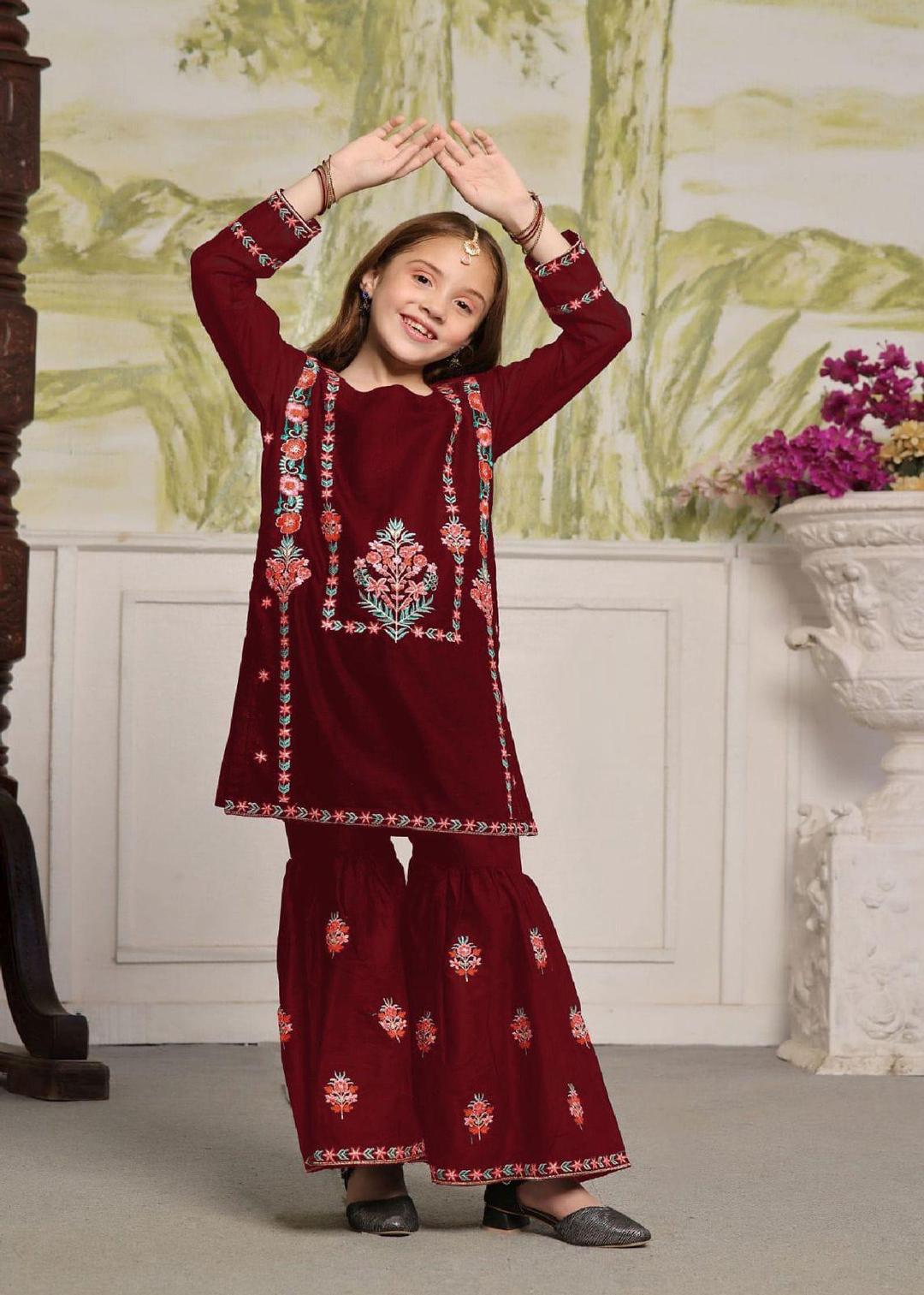 2 Pcs Girl's Cotton Embroidered Shirt And Trouser Suit Minni Bo