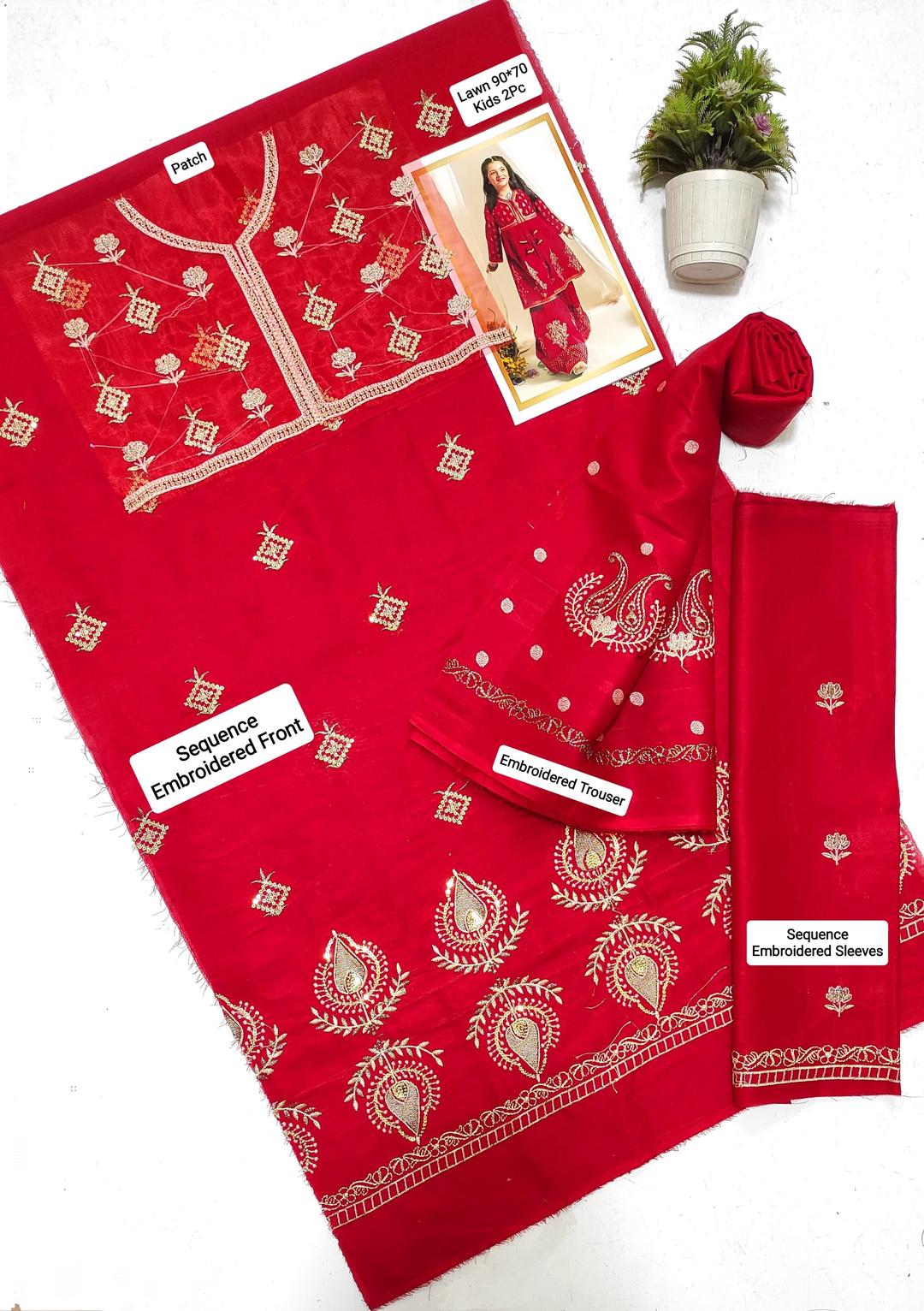 2 Pcs Girl's Lawn Embroidered Unstitched Suit Minni Bo